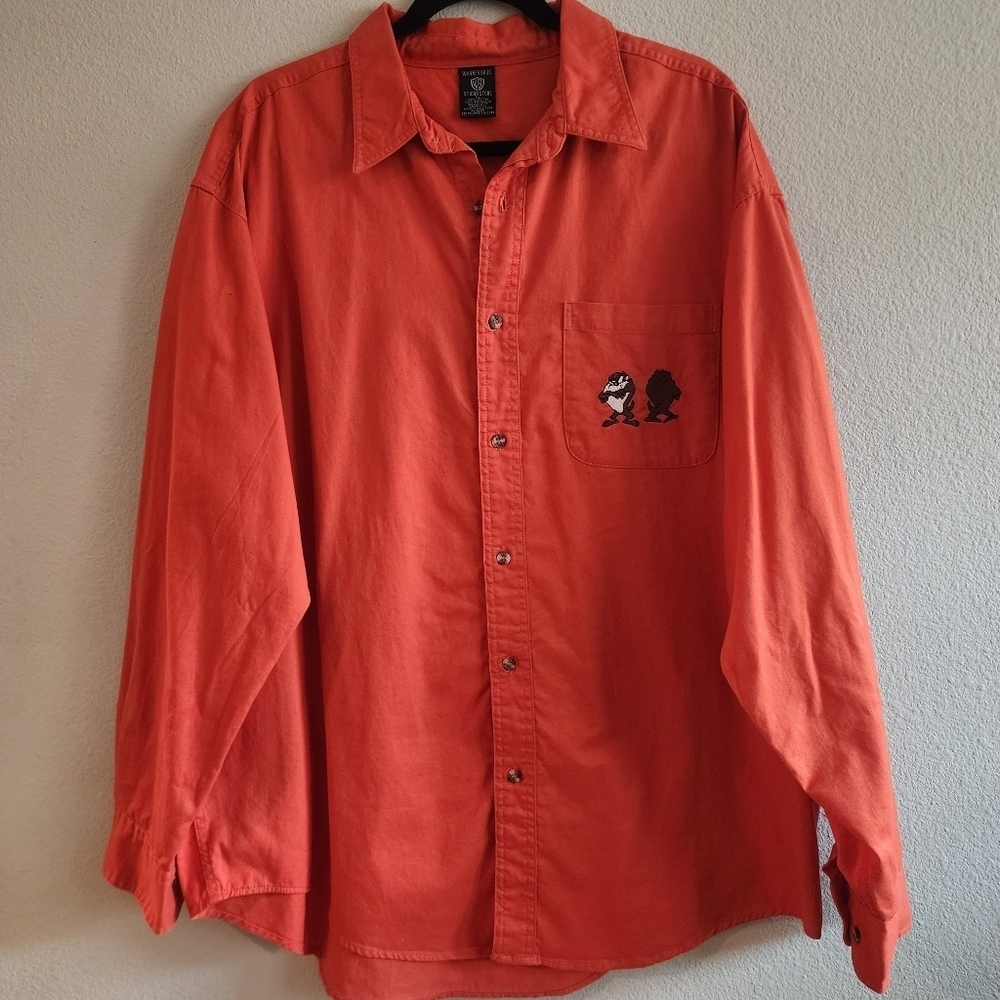 Warner Bros. Mens Taz Mania Button Down Shirt Long Sleeve Cotton Orange Size XL